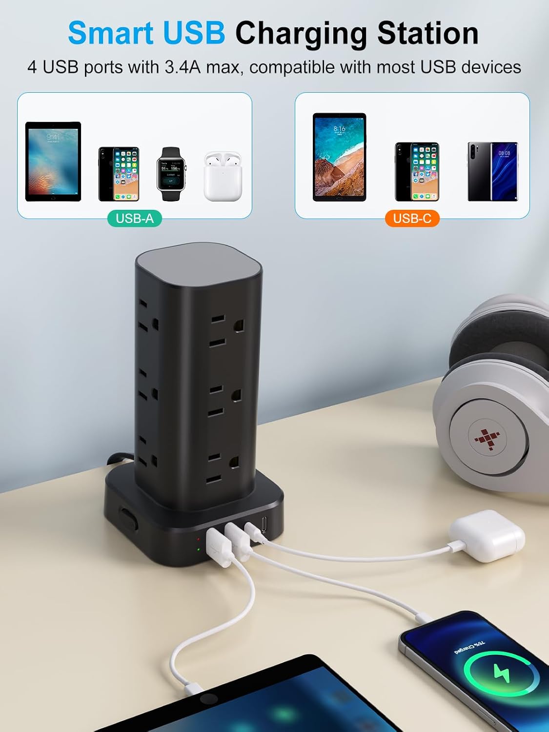Power Strip Tower with Multiple Outlets, Flat Plug Surge Protector Tower Extension Cord with 12 AC Outlets 4 USB Ports (2 USB C), 6FT Cord Power Tower Surge Protector for Home Office Dorm Room, Black