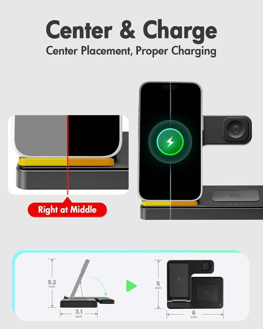 GETPALS Wireless Charger iPhone Charging Station for Apple Multiple Devices | 3 in 1 Charger Stand for iPhone 17 Pro Max 17e 16 16e 15 14 13 12 & Watch Series 11-2 SE Ultra & Airpods 4 3 Pro, Black