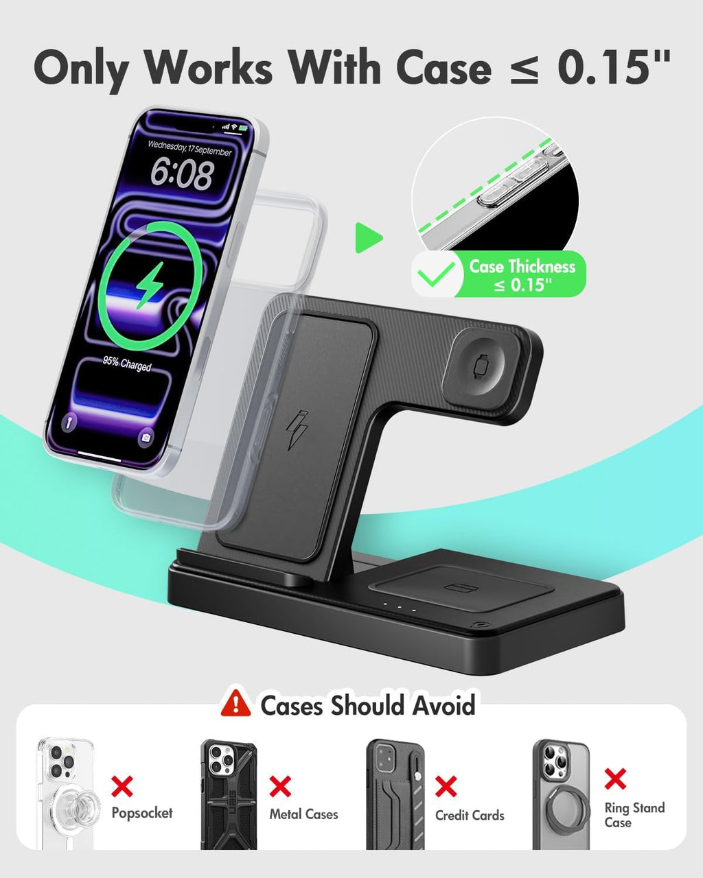 GETPALS Wireless Charger iPhone Charging Station for Apple Multiple Devices | 3 in 1 Charger Stand for iPhone 17 Pro Max 17e 16 16e 15 14 13 12 & Watch Series 11-2 SE Ultra & Airpods 4 3 Pro, Black
