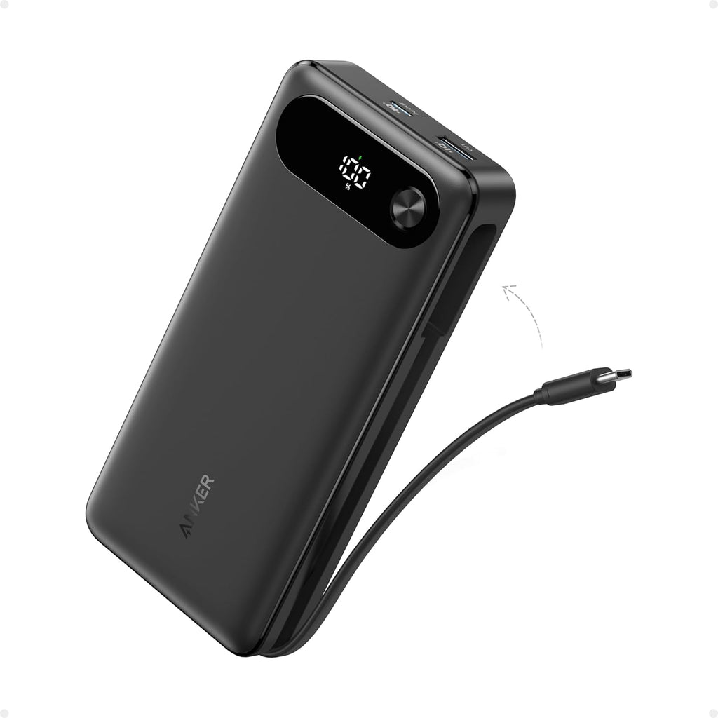 Anker Power Bank, 20,000mAh Travel Essential, Built-in USB-C Cable(Black) | 1 USB-C and 1 USB-A port, for MacBook Pro/Air, iPhone 17/16/15/14, Samsung, Switch and more