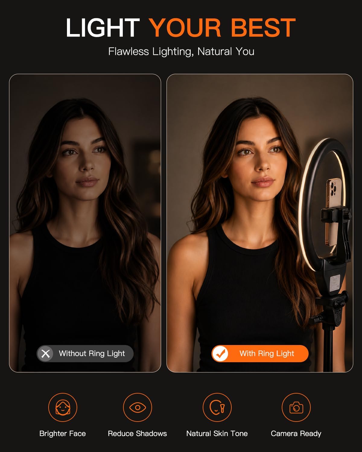 Sensyne Ring Light with Stand, 50" Phone Tripod for iPhone & Android, LED Ring Light with Remote, 3 Color Modes & 10 Brightness Levels for TikTok, Zoom & Video Recording