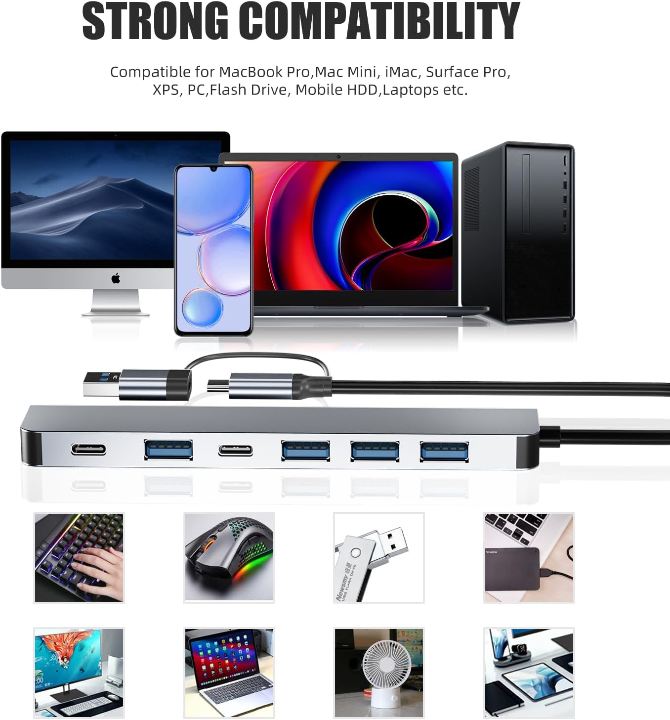 【Upgrade】 USB C/USB Hub, BERLAT Aluminum 7 in 1 USB C & USB Hub with USB 3.0, USB 2.0 Ports for PC/Laptops/MacBook Pro/Air/iMac/iPad and More Devices