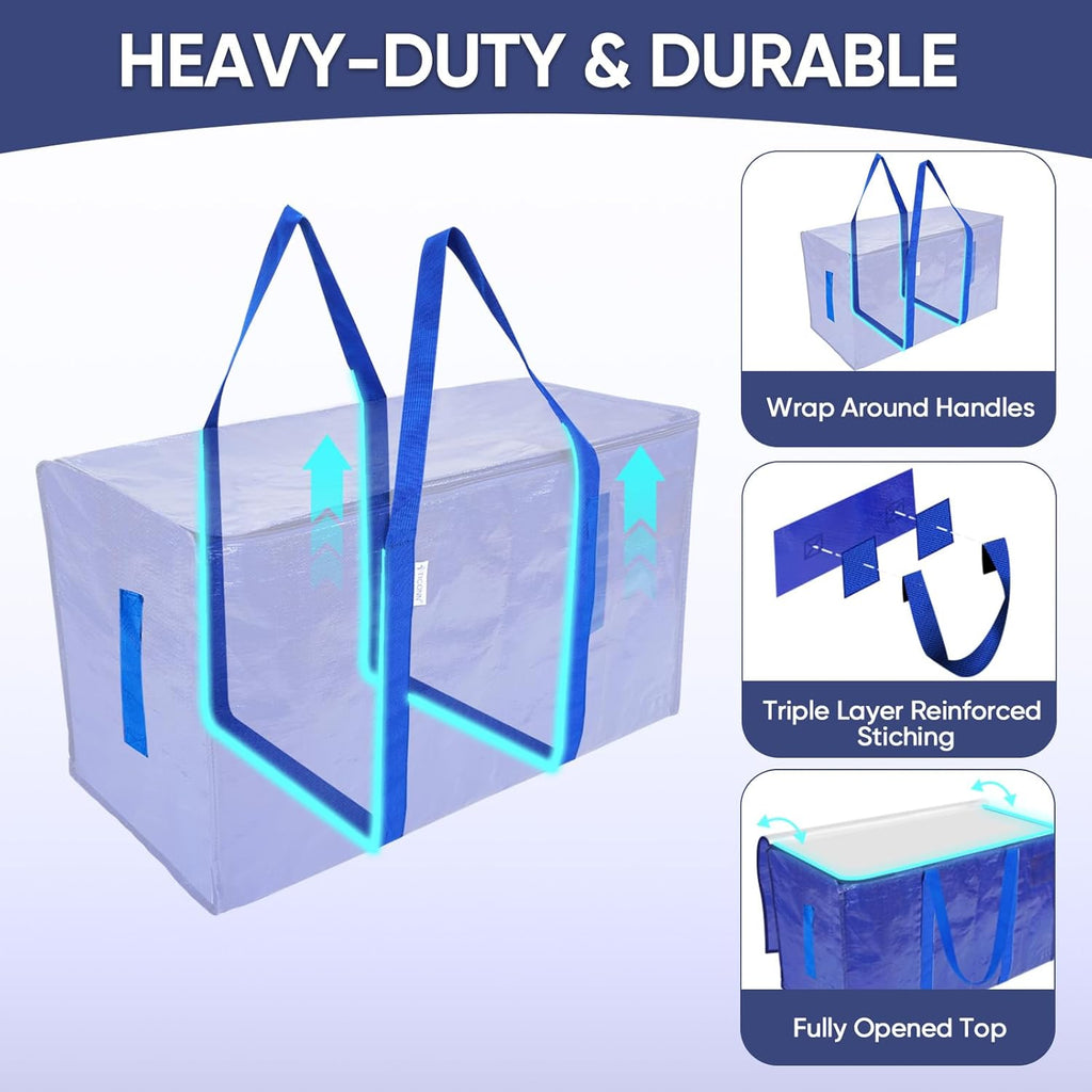 TICONN 6 Pack Extra Large Moving Bags Heavy Duty with Zippers & Carrying Handles, Durable Storage Bags Moving Boxes for Closet Organizers and Storage (6 Pack, Blue)