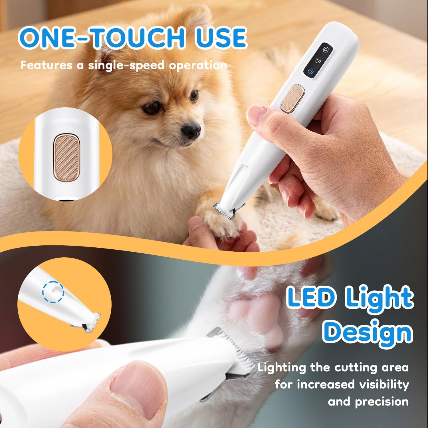 Mcbazel Pet Micro Precision Trimmer, Multifunctional Pet Hair Trimmer Waterproof Rechargeable Shaver with LED Light for Paws Eyes Ears Face Buttocks for Small Dogs and Cats，50dB Quiet Shave.