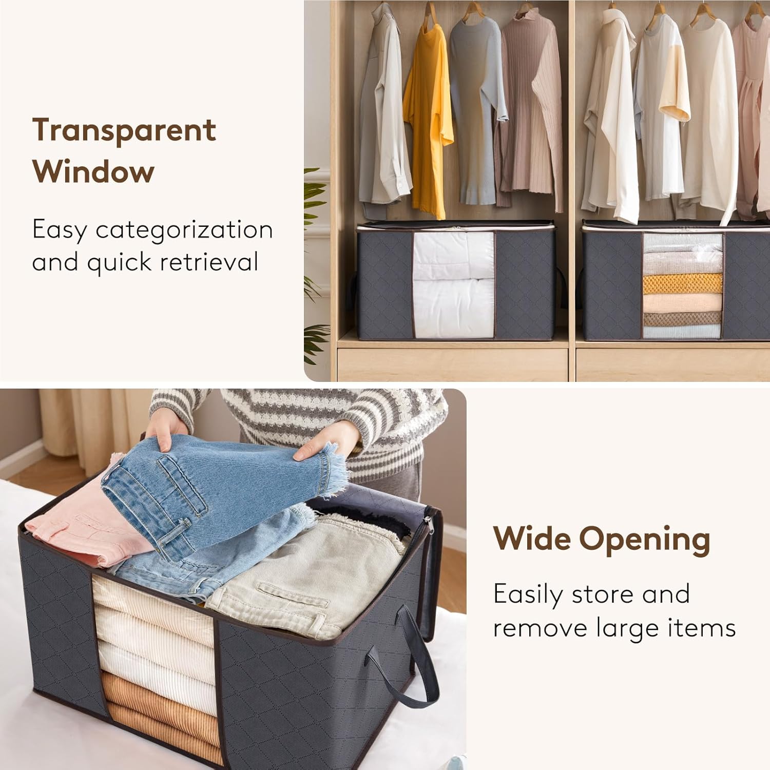 Lifewit 6 Pack Clothes Storage Bag, Foldable Storage Bin Closet Organizer with Reinforced Handle, Sturdy Fabric Blanket Storage with Clear Window, Storage Containers for Clothing, Bedding, Gray