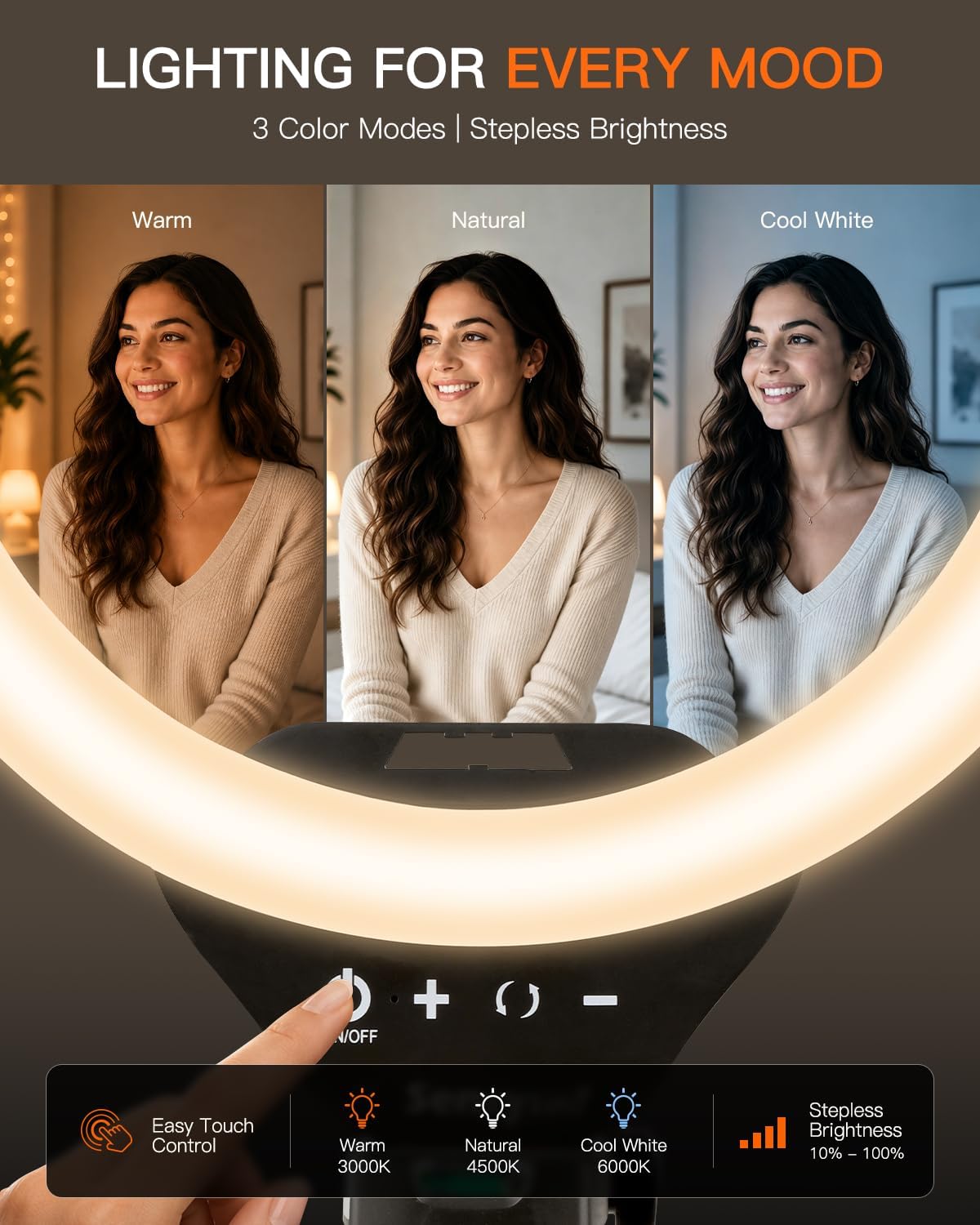 Sensyne Ring Light with Stand, 50" Phone Tripod for iPhone & Android, LED Ring Light with Remote, 3 Color Modes & 10 Brightness Levels for TikTok, Zoom & Video Recording