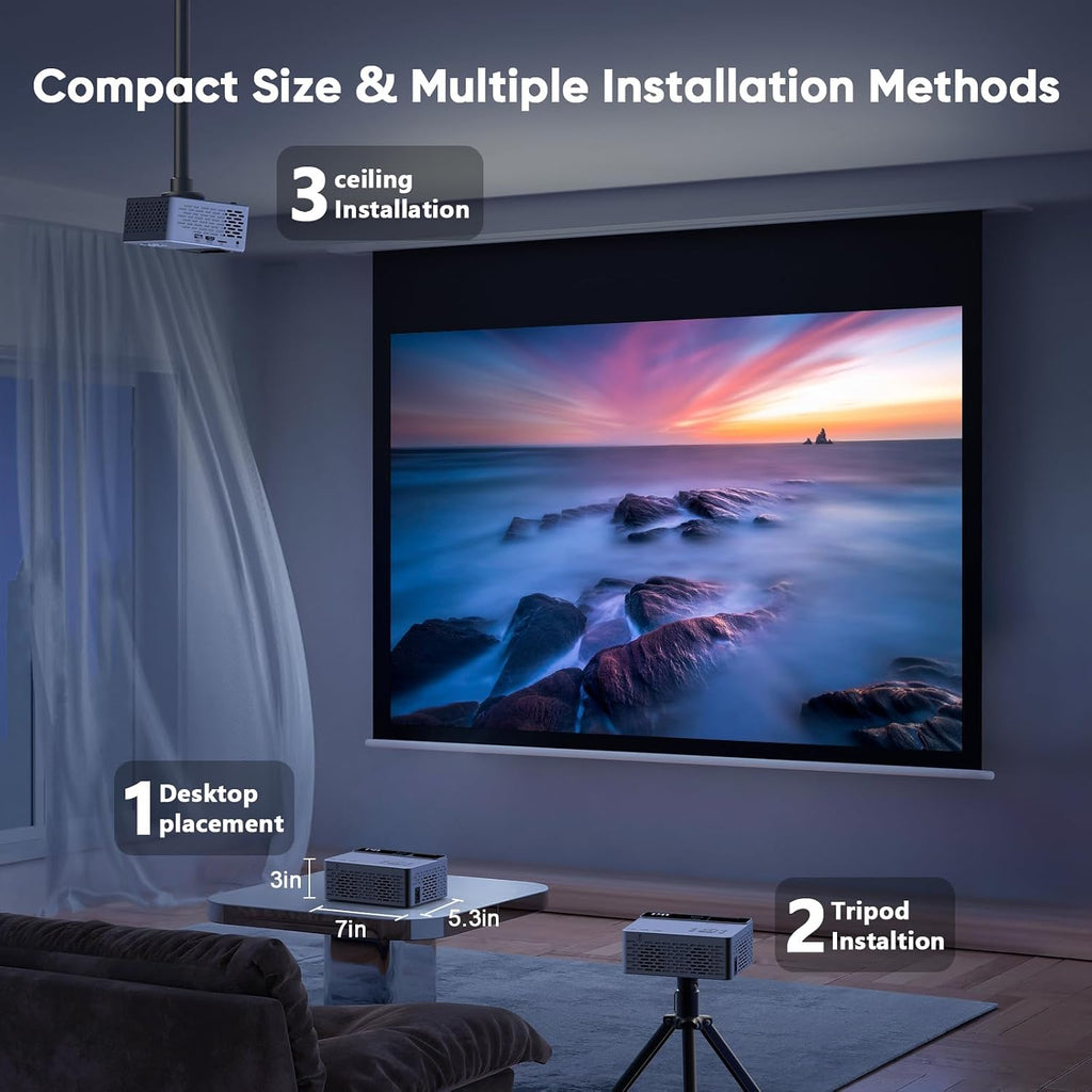 TMY 1080P Mini Portable Projector, 2-way Bluetooth, with 80in Screen | 1080P home theater, indoor/outdoor movies, Compatible with TV Stick/Roku/Phone/PC/PS/DVD/HDMI/USB