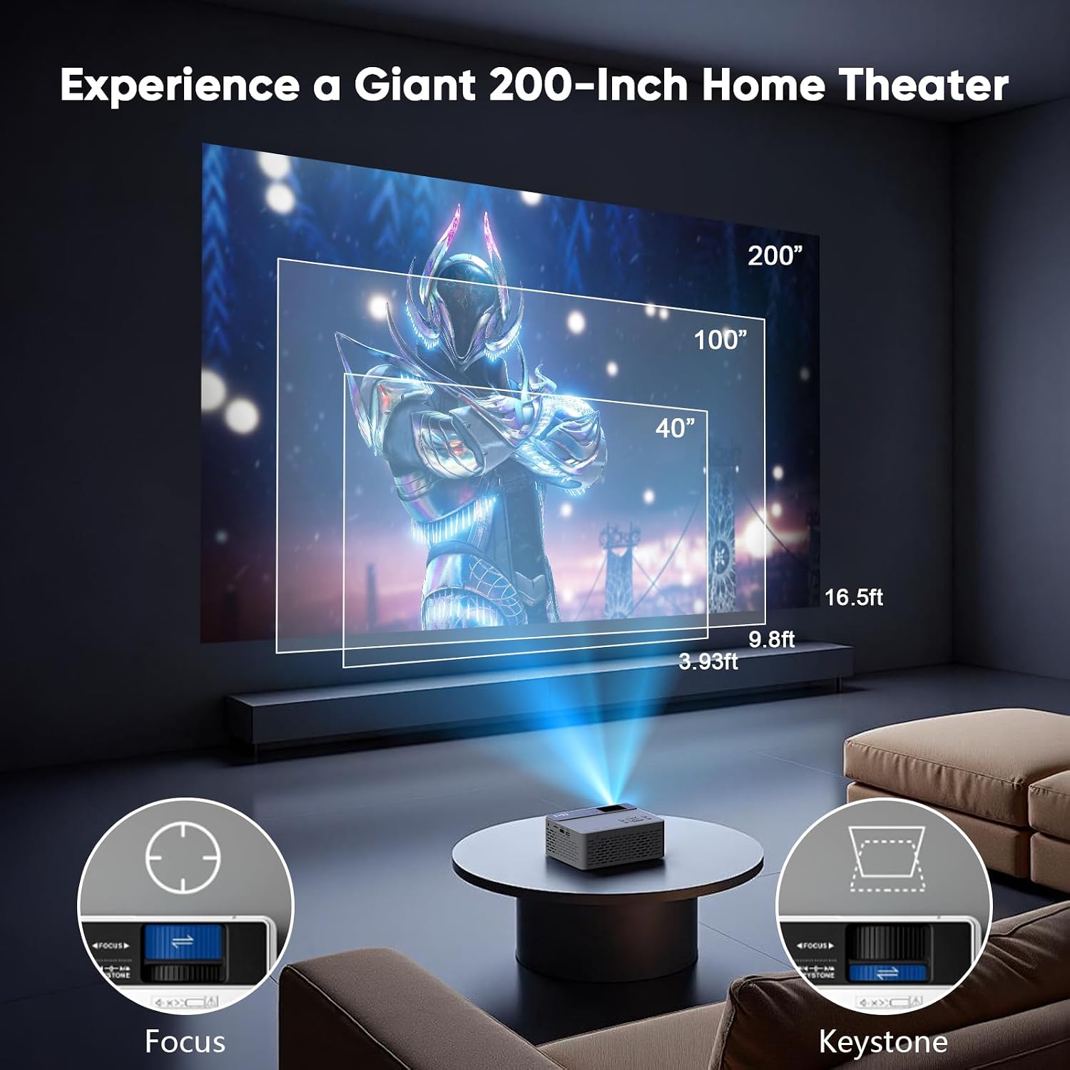 TMY 1080P Mini Portable Projector, 2-way Bluetooth, with 80in Screen | 1080P home theater, indoor/outdoor movies, Compatible with TV Stick/Roku/Phone/PC/PS/DVD/HDMI/USB