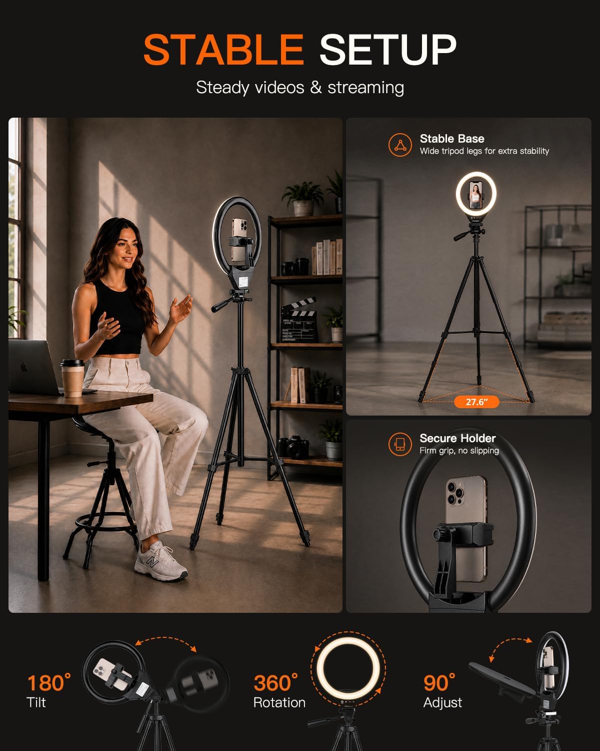 Sensyne Ring Light with Stand, 50" Phone Tripod for iPhone & Android, LED Ring Light with Remote, 3 Color Modes & 10 Brightness Levels for TikTok, Zoom & Video Recording