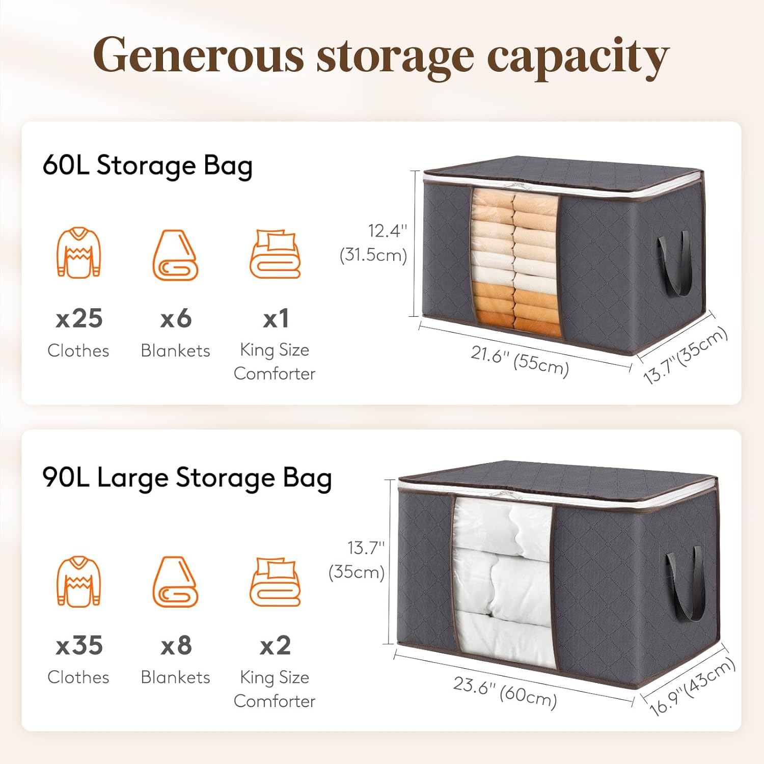 Lifewit 6 Pack Clothes Storage Bag, Foldable Storage Bin Closet Organizer with Reinforced Handle, Sturdy Fabric Blanket Storage with Clear Window, Storage Containers for Clothing, Bedding, Gray