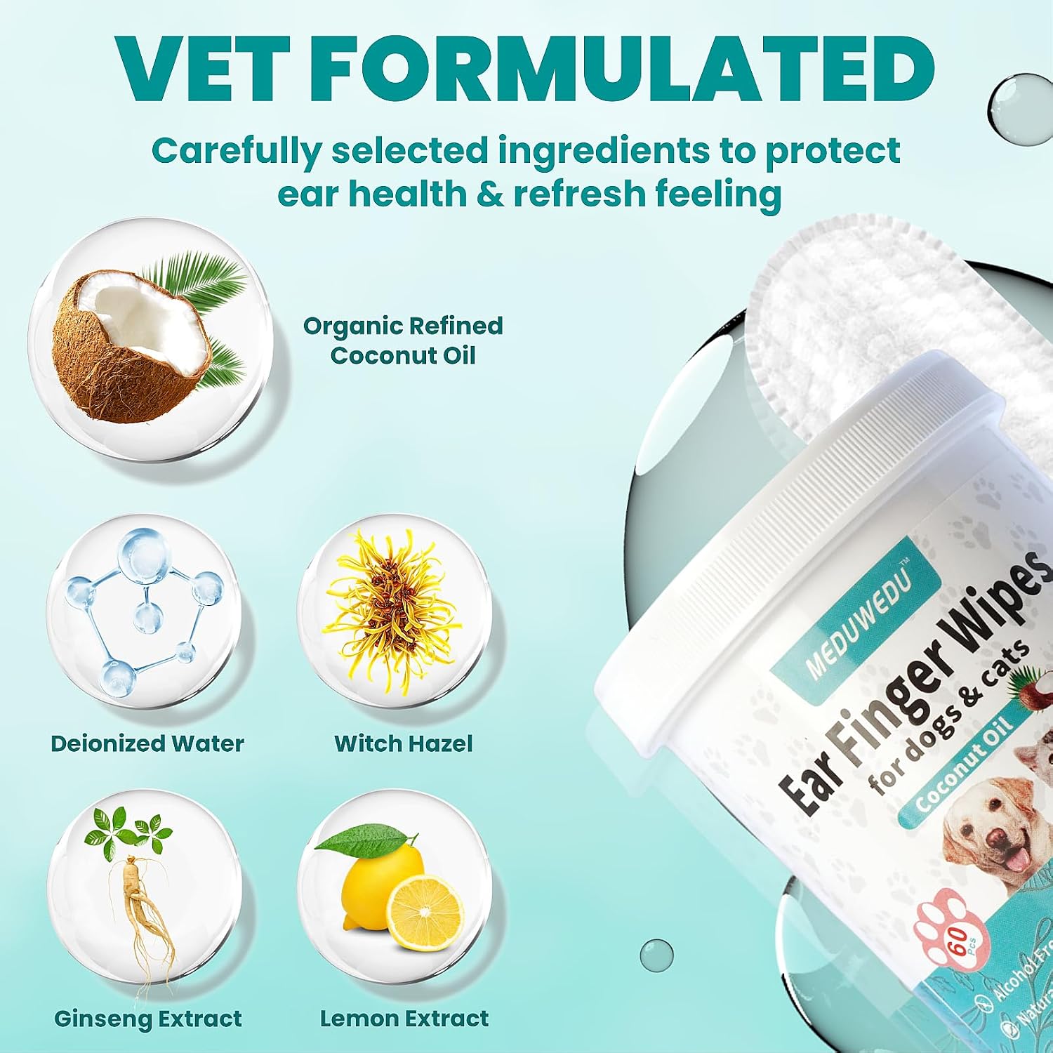 MEDUWEDU Ear Cleaner Finger Wipes 60 Counts, Dog Ear Cleaner, Grooming Kit Care for Dogs and Cats, Soft & Easy Otic Cleaning Pads, Remove Wax, Dirt & Stop Smelly, Itchy, Non-Irritating, Coconut Scent