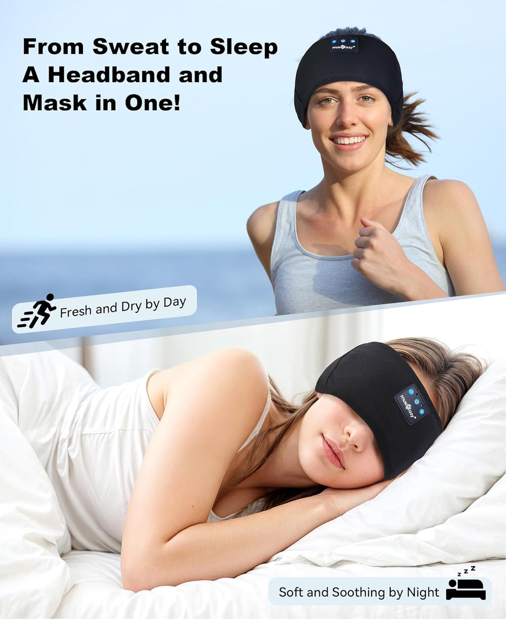 MUSICOZY Sleep Headphones Bluetooth Headband Headphones for Side Sleepers | Sleeping Headbands Wireless Sports Earphones Sweat Resistant Earbuds for Workout Running Cool Gadgets Unique Gifts for Women