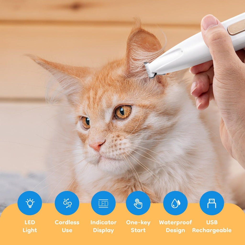 Mcbazel Pet Micro Precision Trimmer, Multifunctional Pet Hair Trimmer Waterproof Rechargeable Shaver with LED Light for Paws Eyes Ears Face Buttocks for Small Dogs and Cats，50dB Quiet Shave.