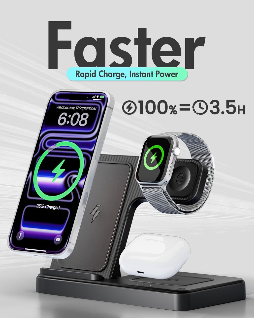 GETPALS Wireless Charger iPhone Charging Station for Apple Multiple Devices | 3 in 1 Charger Stand for iPhone 17 Pro Max 17e 16 16e 15 14 13 12 & Watch Series 11-2 SE Ultra & Airpods 4 3 Pro, Black