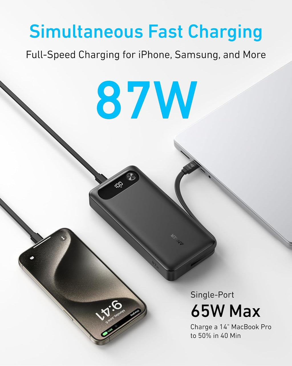 Anker Power Bank, 20,000mAh Travel Essential, Built-in USB-C Cable(Black) | 1 USB-C and 1 USB-A port, for MacBook Pro/Air, iPhone 17/16/15/14, Samsung, Switch and more