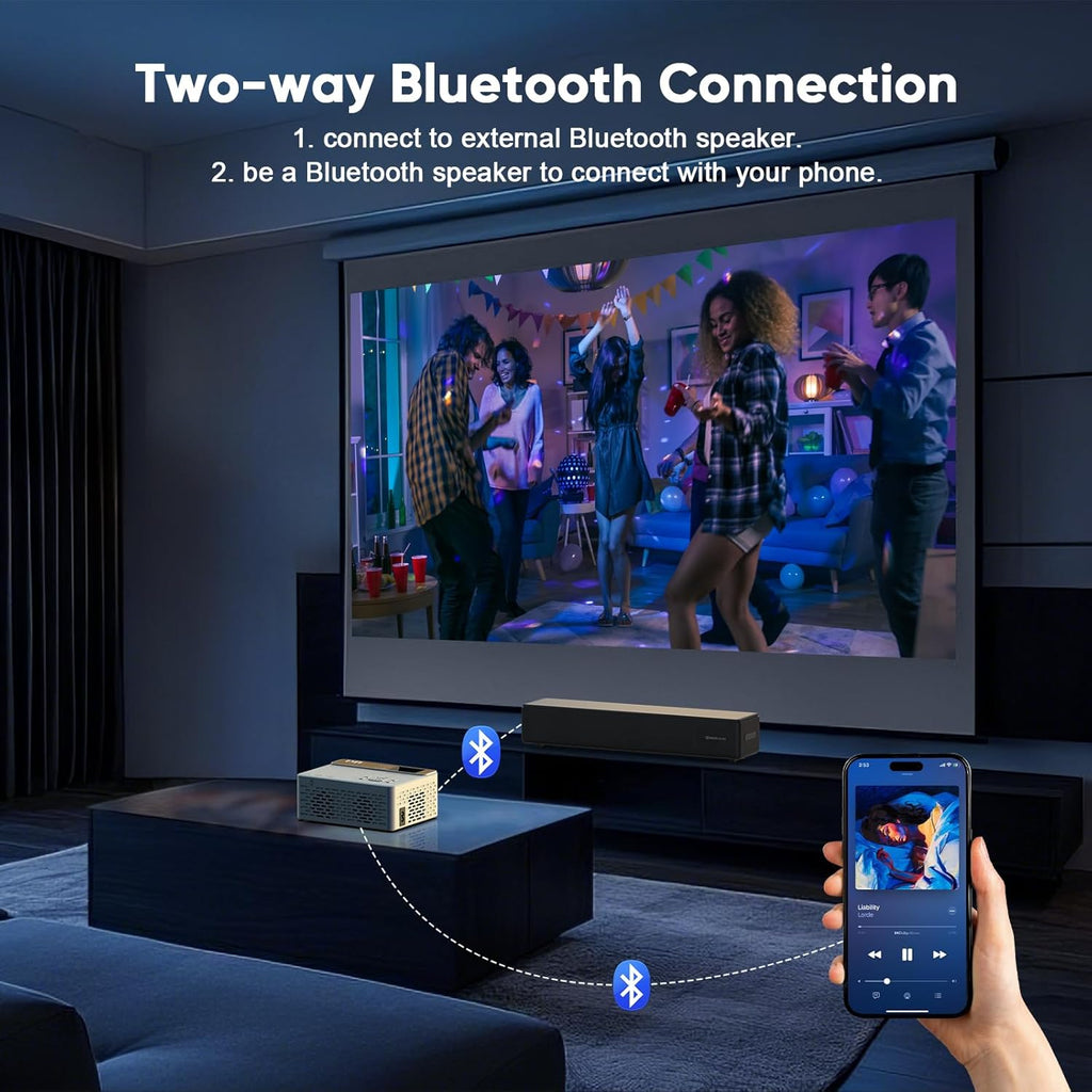 TMY 1080P Mini Portable Projector, 2-way Bluetooth, with 80in Screen | 1080P home theater, indoor/outdoor movies, Compatible with TV Stick/Roku/Phone/PC/PS/DVD/HDMI/USB