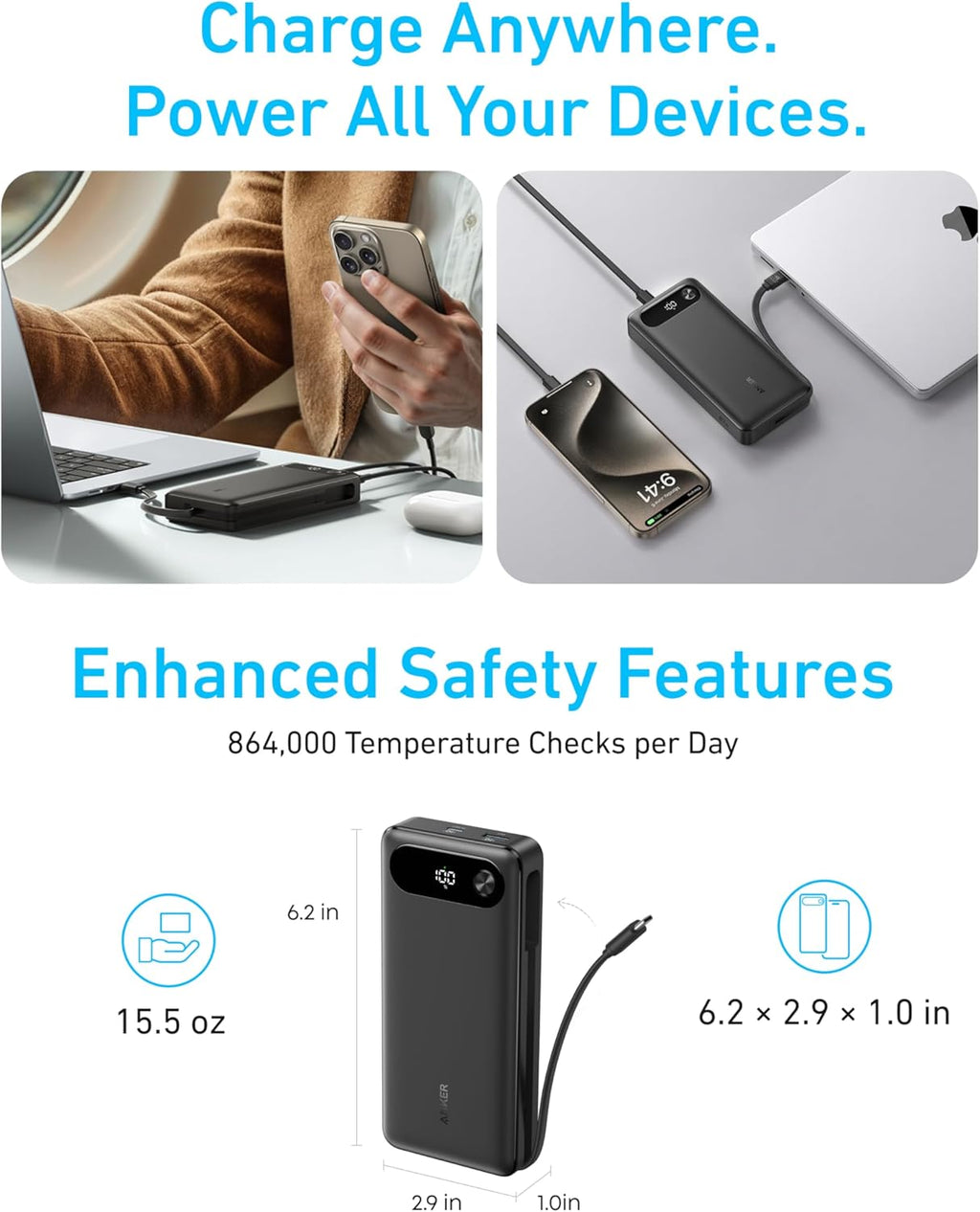 Anker Power Bank, 20,000mAh Travel Essential, Built-in USB-C Cable(Black) | 1 USB-C and 1 USB-A port, for MacBook Pro/Air, iPhone 17/16/15/14, Samsung, Switch and more