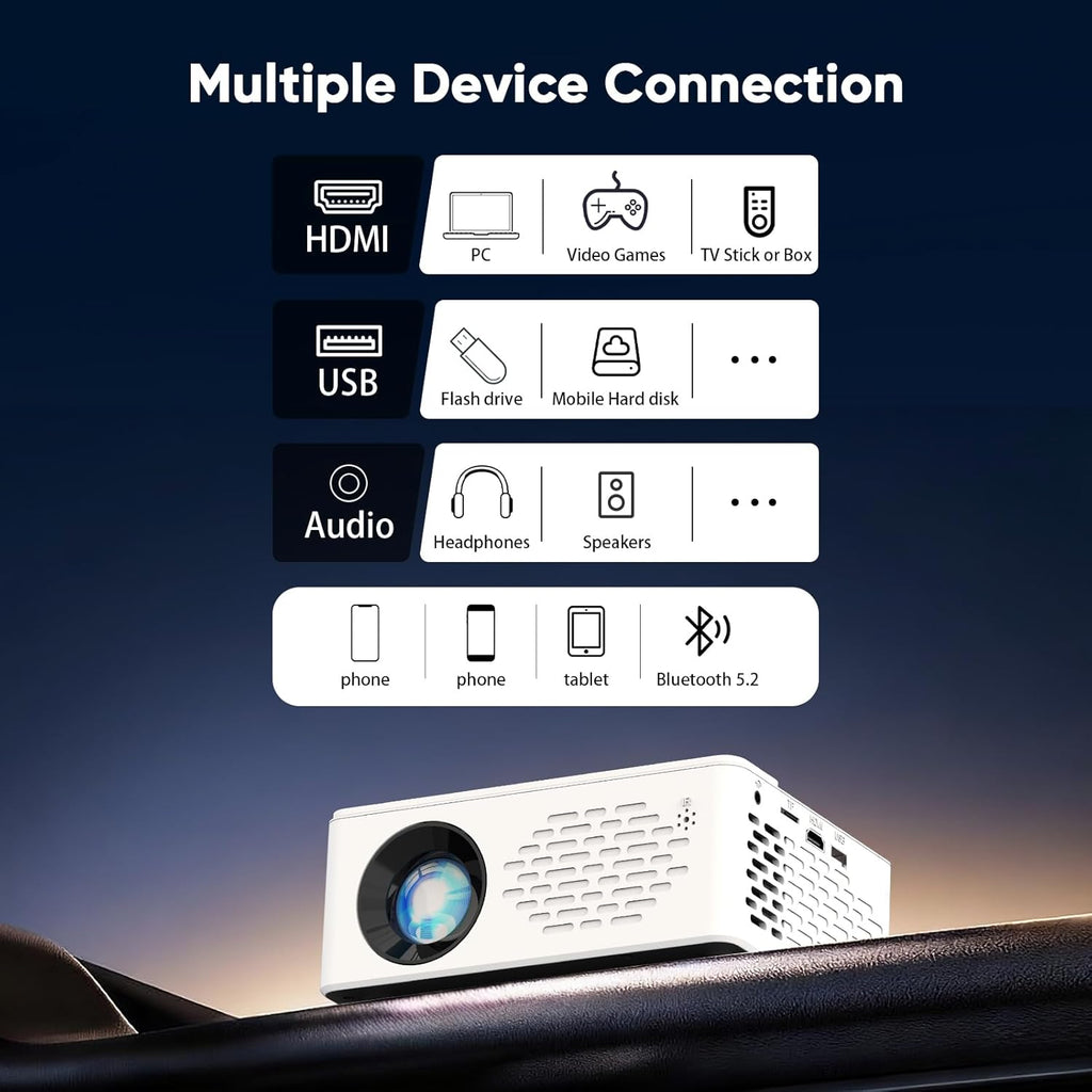 TMY 1080P Mini Portable Projector, 2-way Bluetooth, with 80in Screen | 1080P home theater, indoor/outdoor movies, Compatible with TV Stick/Roku/Phone/PC/PS/DVD/HDMI/USB