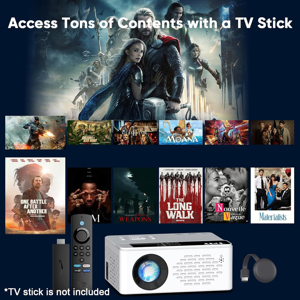 TMY 1080P Mini Portable Projector, 2-way Bluetooth, with 80in Screen | 1080P home theater, indoor/outdoor movies, Compatible with TV Stick/Roku/Phone/PC/PS/DVD/HDMI/USB