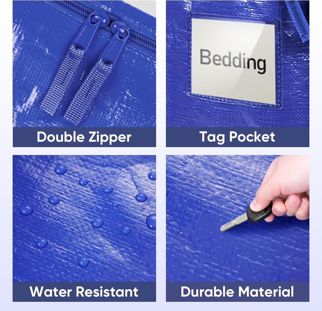 TICONN 6 Pack Extra Large Moving Bags Heavy Duty with Zippers & Carrying Handles, Durable Storage Bags Moving Boxes for Closet Organizers and Storage (6 Pack, Blue)