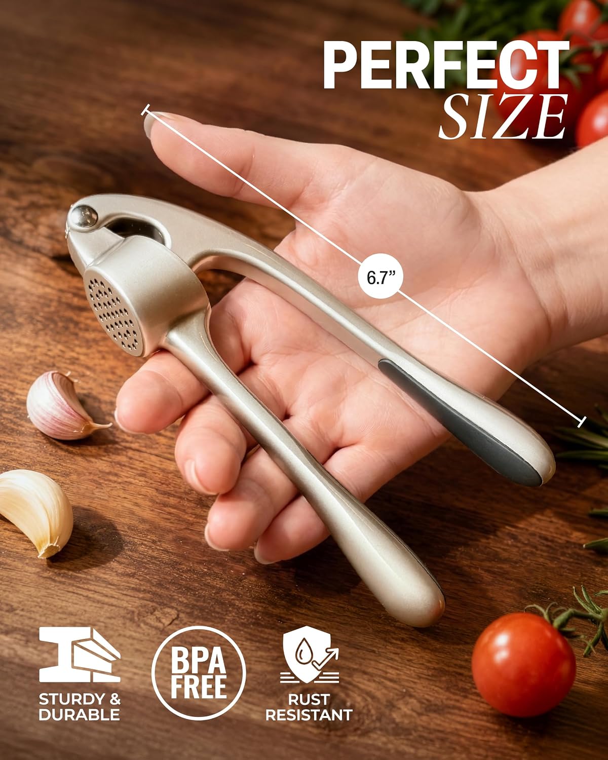 Zulay Kitchen Premium Garlic Press Set - Rust Proof Professional Garlic Mincer Tool - Easy-Squeeze, Easy-Clean with Soft, Ergonomic Handle - Silicone Garlic Peeler & Brush (Silver)