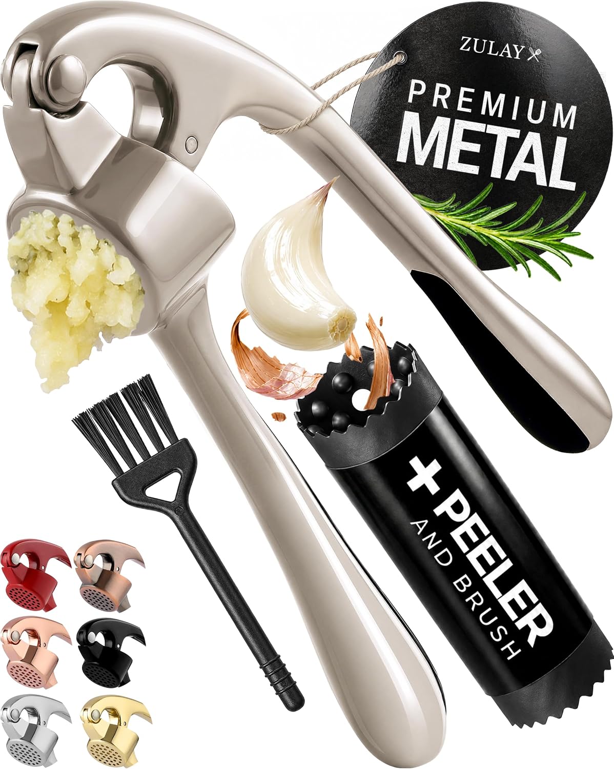 Zulay Kitchen Premium Garlic Press Set - Rust Proof Professional Garlic Mincer Tool - Easy-Squeeze, Easy-Clean with Soft, Ergonomic Handle - Silicone Garlic Peeler & Brush (Silver)