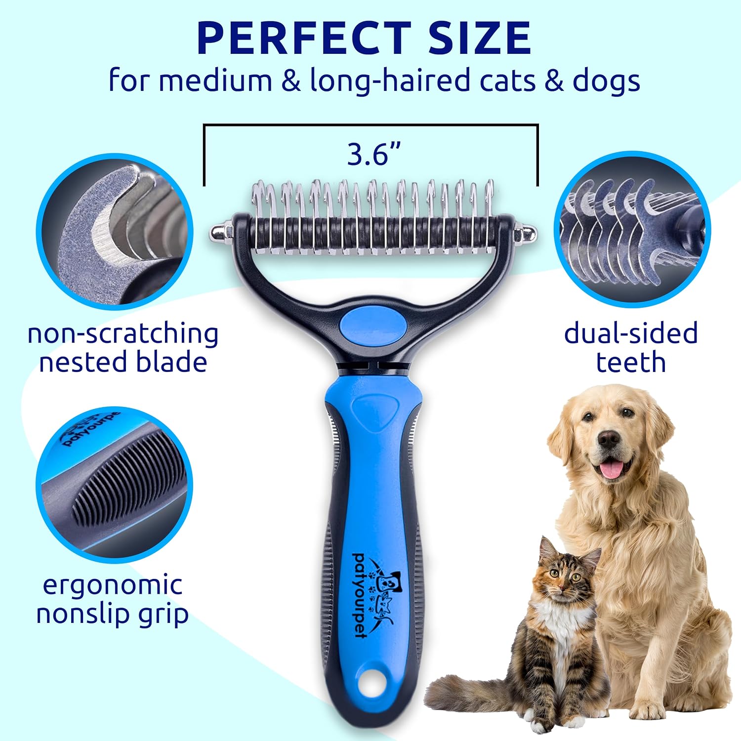 Pat Your Pet Deshedding Dog Brush For Shedding – Cat Brushes For Indoor Cats, Double-Sided Cat Brush Deshedding & Grooming Tool For Long Haired And Short Haired Dogs, Skin-Friendly