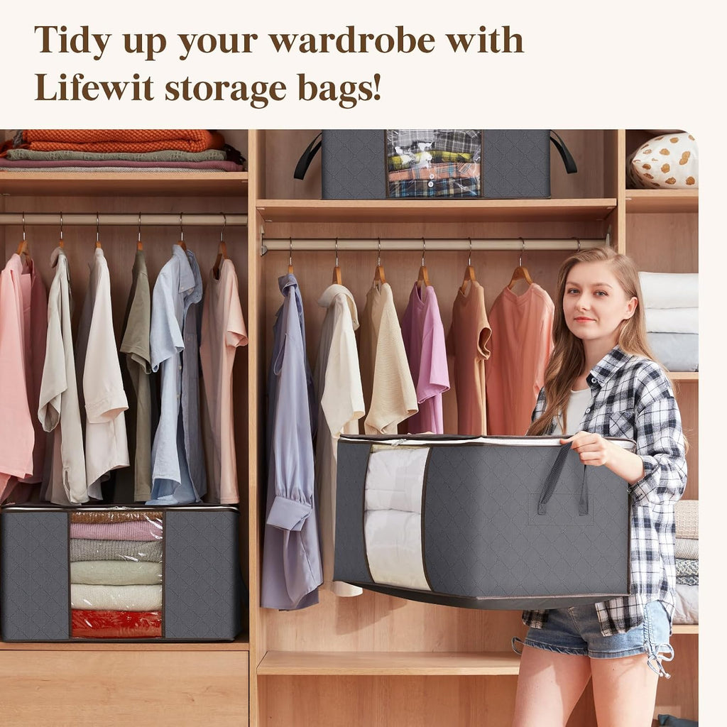 Lifewit 6 Pack Clothes Storage Bag, Foldable Storage Bin Closet Organizer with Reinforced Handle, Sturdy Fabric Blanket Storage with Clear Window, Storage Containers for Clothing, Bedding, Gray