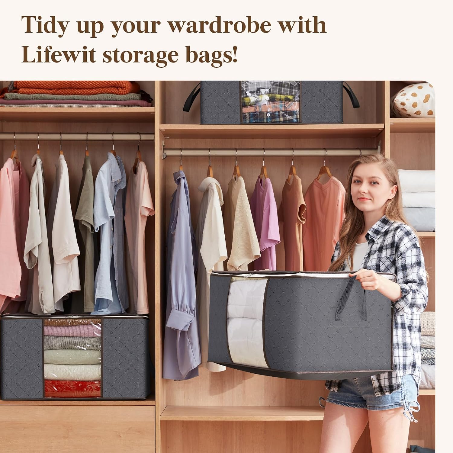 Lifewit 6 Pack Clothes Storage Bag, Foldable Storage Bin Closet Organizer with Reinforced Handle, Sturdy Fabric Blanket Storage with Clear Window, Storage Containers for Clothing, Bedding, Gray