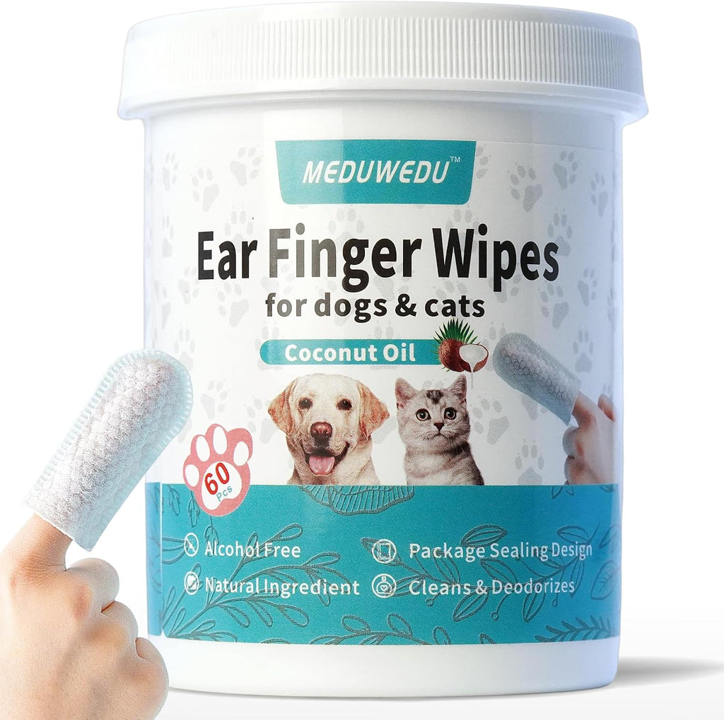 MEDUWEDU Ear Cleaner Finger Wipes 60 Counts, Dog Ear Cleaner, Grooming Kit Care for Dogs and Cats, Soft & Easy Otic Cleaning Pads, Remove Wax, Dirt & Stop Smelly, Itchy, Non-Irritating, Coconut Scent