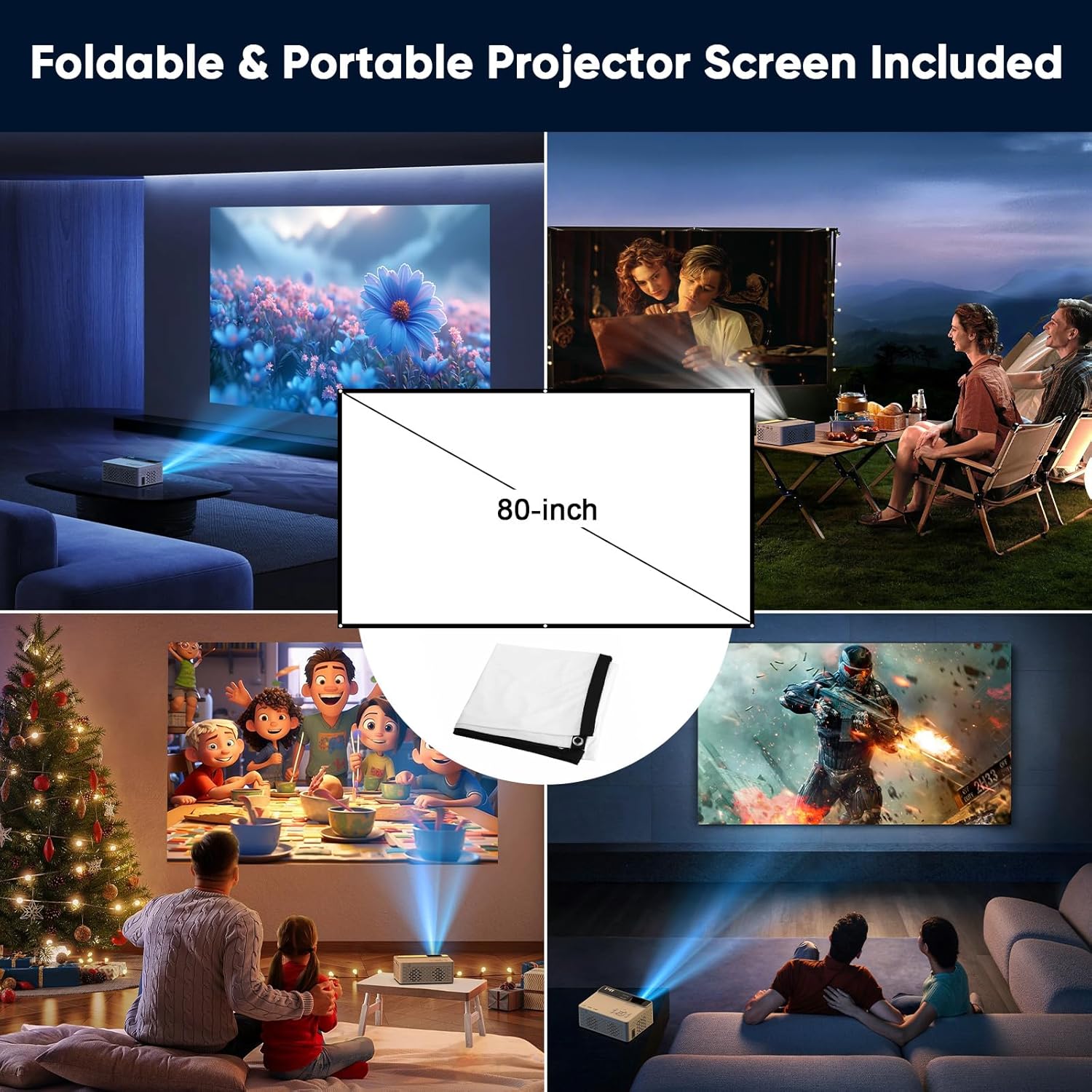 TMY 1080P Mini Portable Projector, 2-way Bluetooth, with 80in Screen | 1080P home theater, indoor/outdoor movies, Compatible with TV Stick/Roku/Phone/PC/PS/DVD/HDMI/USB
