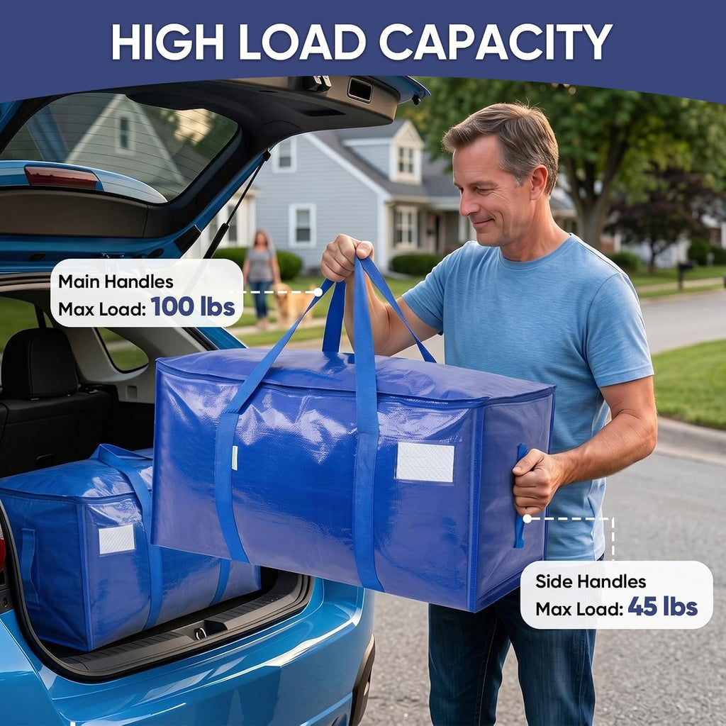 TICONN 6 Pack Extra Large Moving Bags Heavy Duty with Zippers & Carrying Handles, Durable Storage Bags Moving Boxes for Closet Organizers and Storage (6 Pack, Blue)