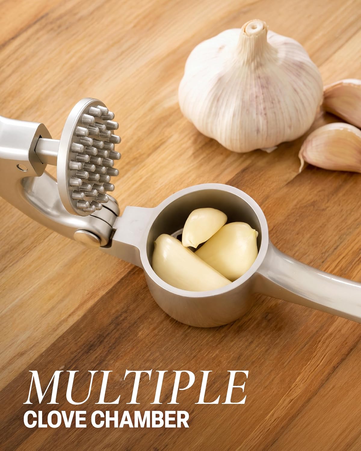 Zulay Kitchen Premium Garlic Press Set - Rust Proof Professional Garlic Mincer Tool - Easy-Squeeze, Easy-Clean with Soft, Ergonomic Handle - Silicone Garlic Peeler & Brush (Silver)