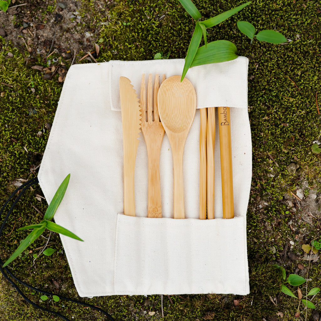 Bamboo Travel Cutlery & Cotton Pouch Set