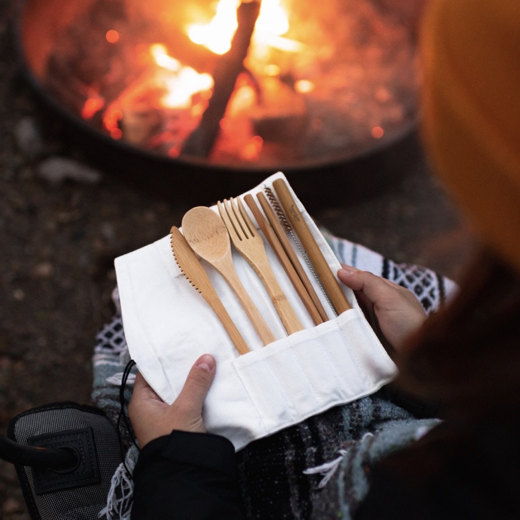 Bamboo Travel Cutlery & Cotton Pouch Set